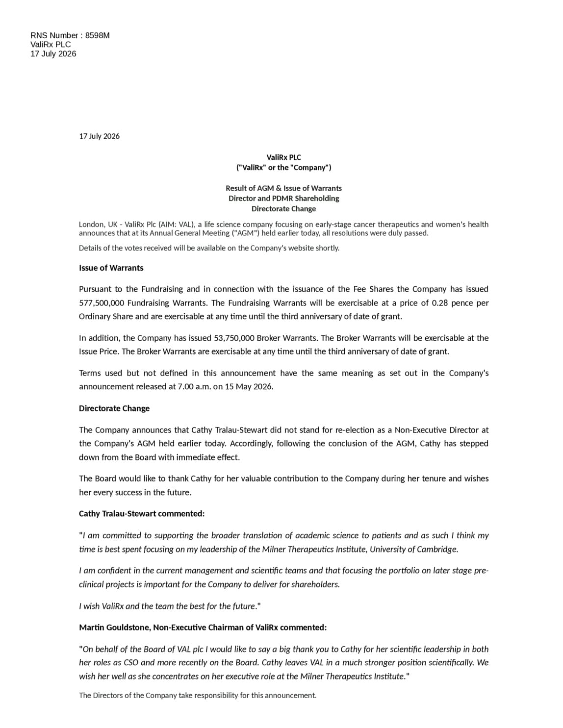ValiRx PLC - Result of AGM, Warrants & Directorate Change
