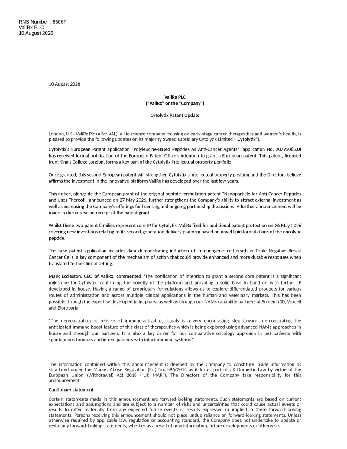 ValiRx PLC - Cytolytix Patent Update