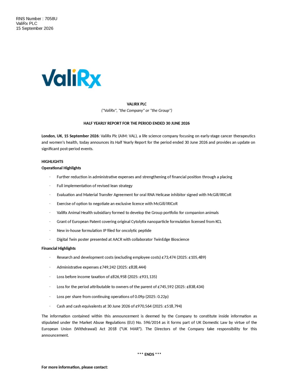 ValiRx PLC - Half-year Financial Report